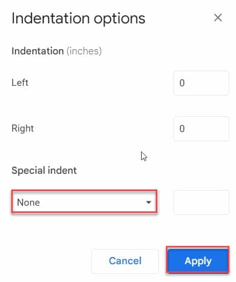 remove hanging indent in google docs