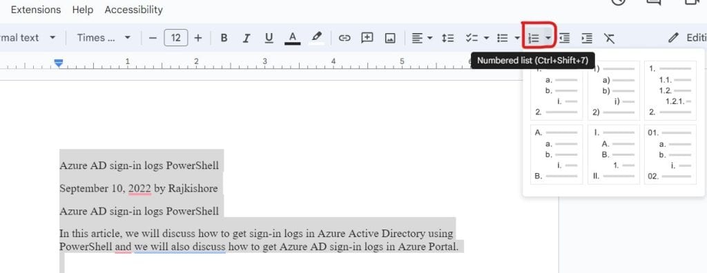 line numbers for google docs chrome extension