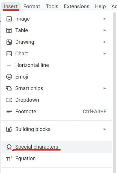 google docs special characters shortcut