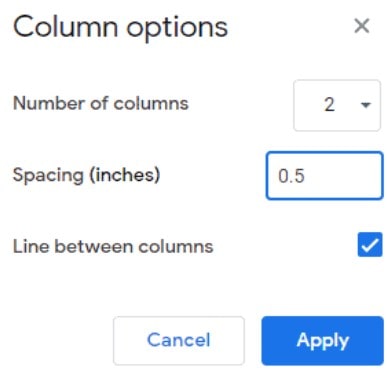 how to format two columns in google docs