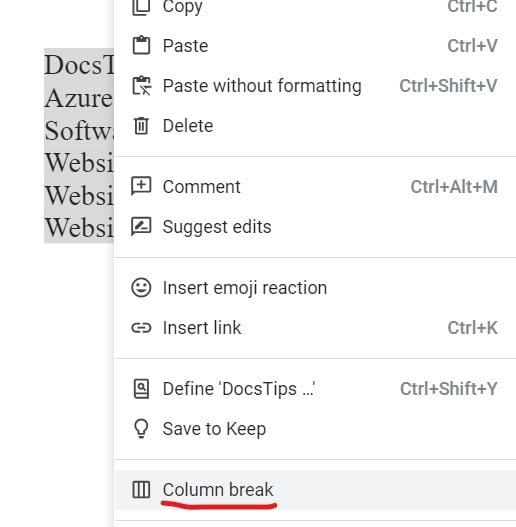 How to switch between columns in Google Docs 